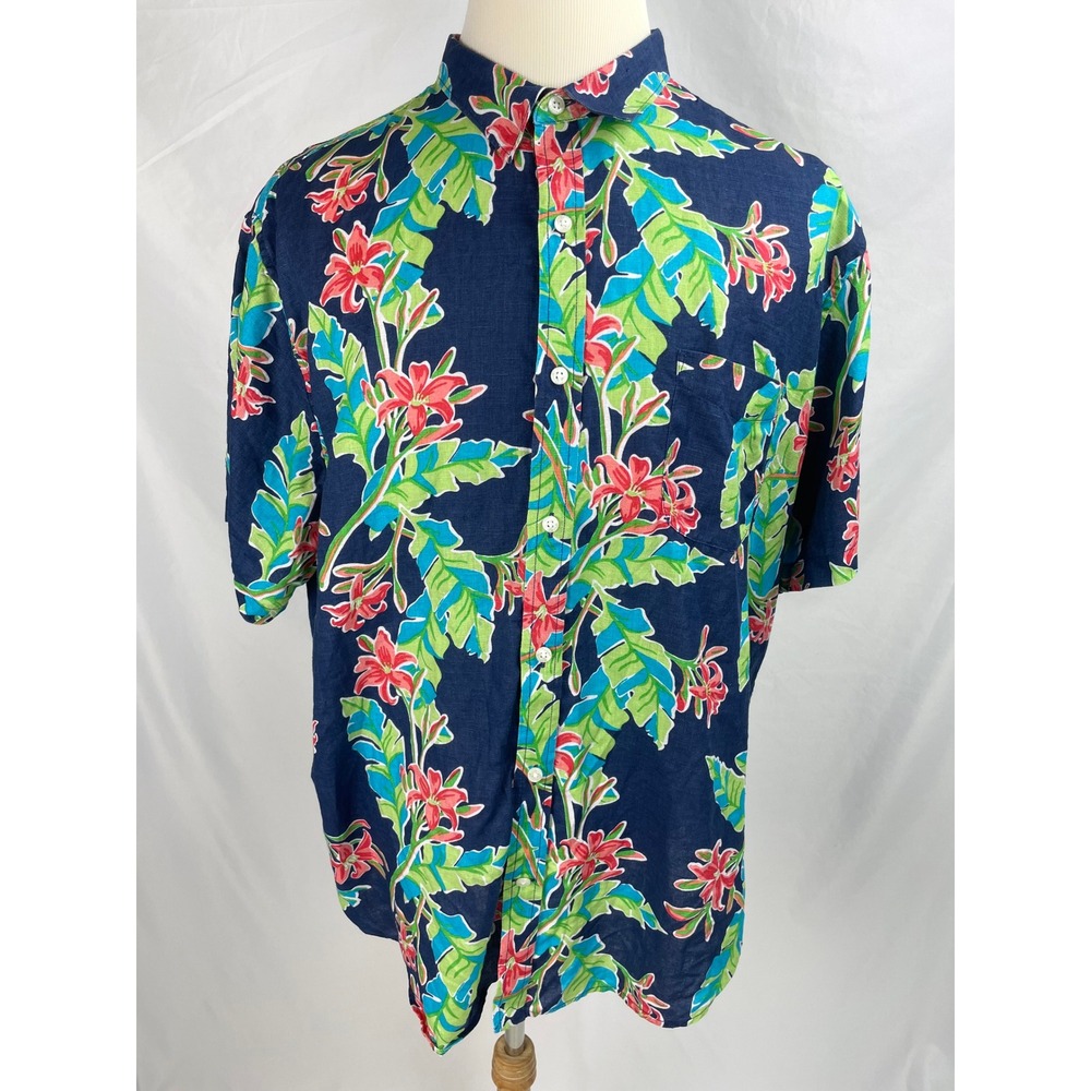 Lands' End Men XXL Button‎ Up Hawaiian Shirt Short Sleeves Linen Tropical 18-8.5